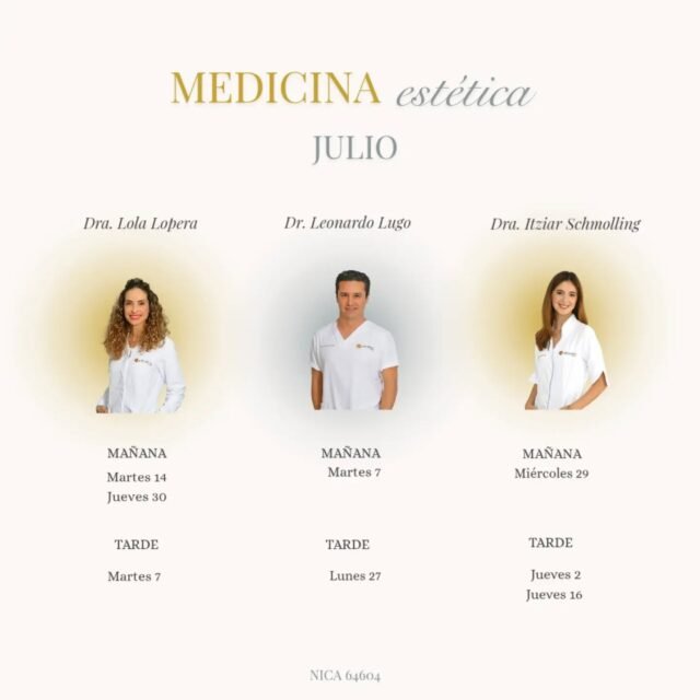 Ya tenemos aquí la agenda de nuestros doctores.
El mes de julio llega lleno de novedades y promociones, si no te llegan en tu WhatsApp, escríbenos y te las enviamos.
☎️ 687 05 06 55
C/ Serafín Álvarez Campana 2
El Puerto de Santa María