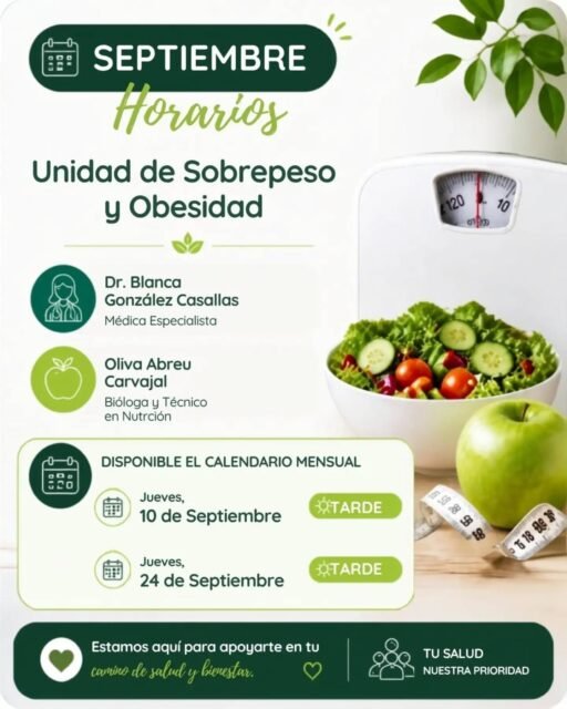 Hay momentos en los que cuidar la alimentación y cambiar nuestros hábitos puede no ser suficiente y es necesaria una ayuda adicional mediante tratamiento farmacológico.

En la nueva Unidad de Sobrepeso y Obesidad abordamos la pérdida de peso de forma personalizada, siempre desde la salud.

La Dra. blanca González Casillas realiza la valoración y el seguimiento médico,  indicando medicación 💉 sólo cuando sea necesario.

Paralelamente, Oliva Abreu Carvajal diseña un plan nutricional personalizado.🍏

Porque la medicación puede ser una ayuda, pero siempre debe estar supervisada por un médico y acompañada de una buena alimentación.

🩺 Seguimiento médico 
🍏 Plan nutricional personalizado
🤝 Acompañamiento durante todo el proceso 
Nica 64604

☎️ 687 0506 55
📍C/ Serafín Álvarez Campana 2 
El Puerto de Santa María 

#perderpeso #obesidad #nutricion #seguimientomedico